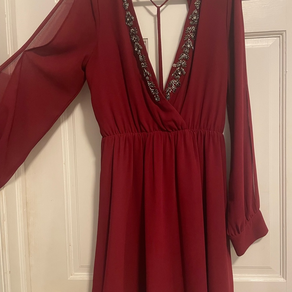 She + Sky Burgundy Long Sleeve Dress with Embellished V-Neck